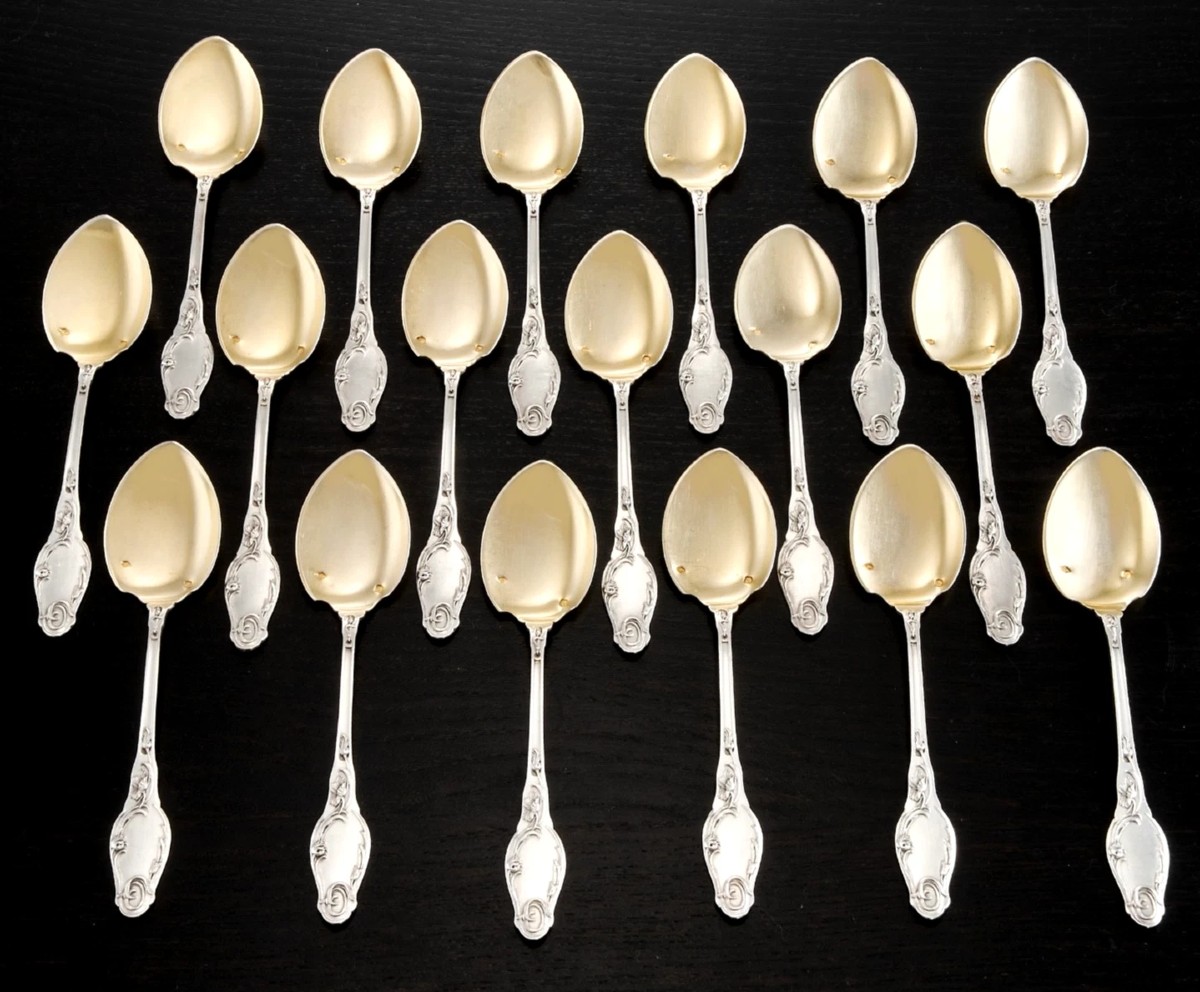 Lambert: Sterling Silver Vermeil Ice Cream Service For 18 Guests Art Nouveau Poppies Pattern