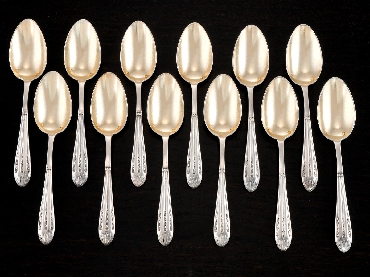 LEVERRIER : Service de 12 Cuillères en Argent massif Vermeil Coffret ART NOUVEAU-photo-2