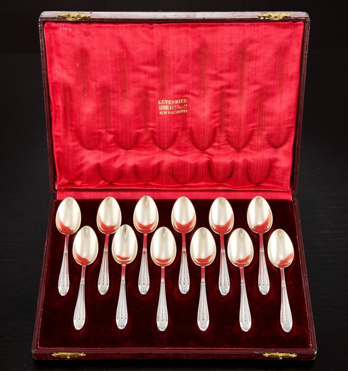 LEVERRIER : Service de 12 Cuillères en Argent massif Vermeil Coffret ART NOUVEAU-photo-4