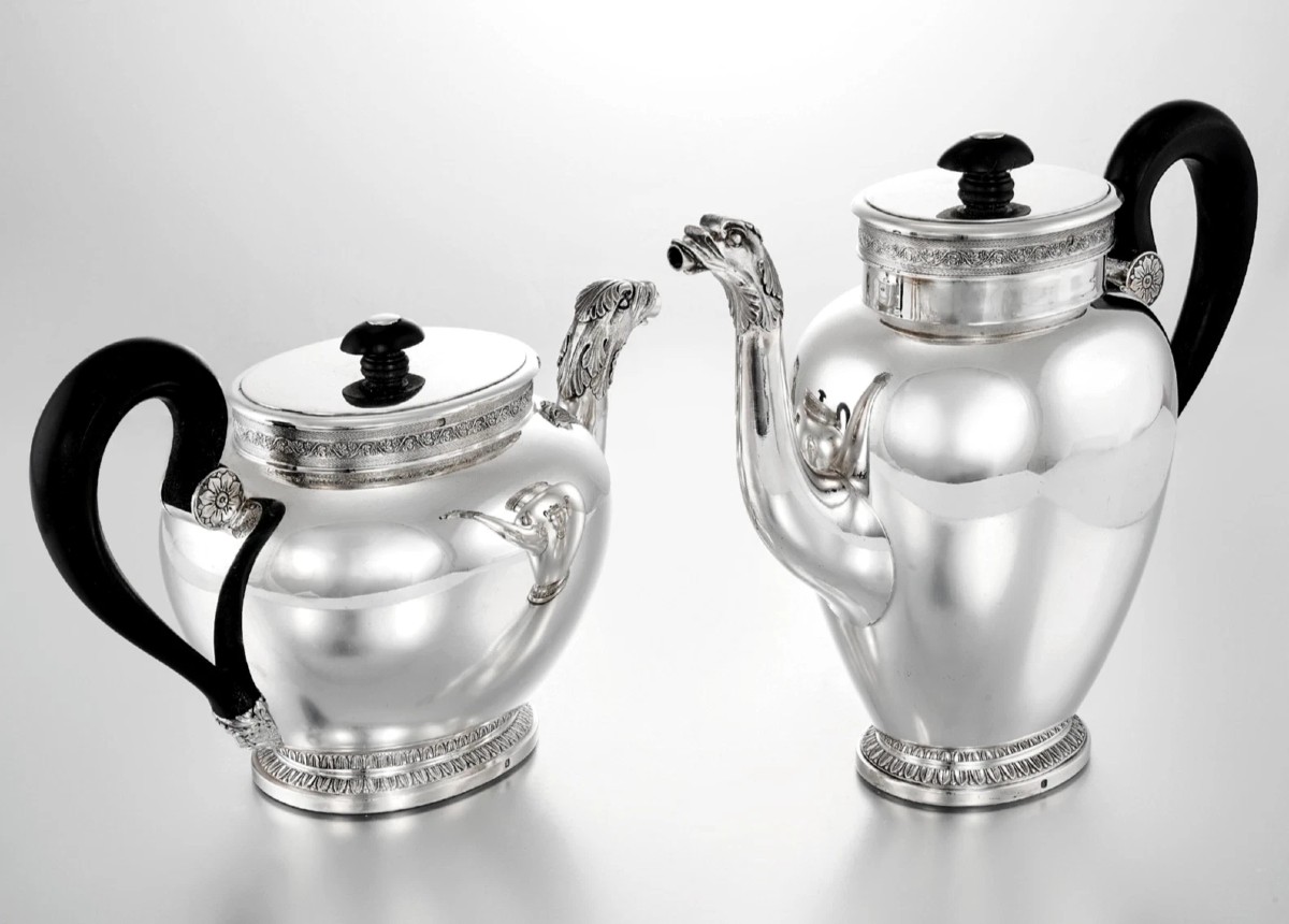 Elie VABRE : Service à Thé / Café en Argent massif Vermeil St. Empire MASCARONS CYGNE-photo-2