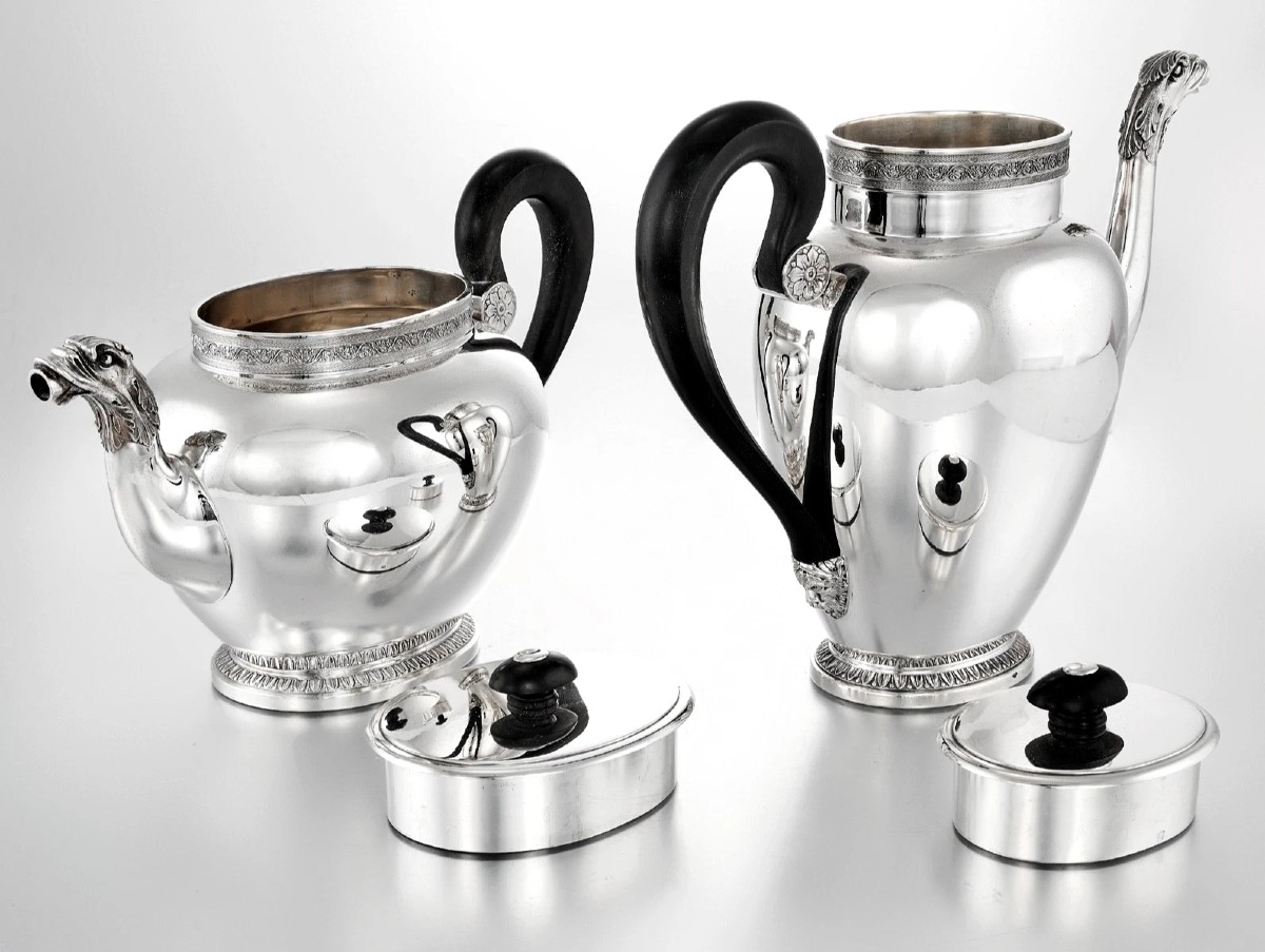 Elie VABRE : Service à Thé / Café en Argent massif Vermeil St. Empire MASCARONS CYGNE-photo-1