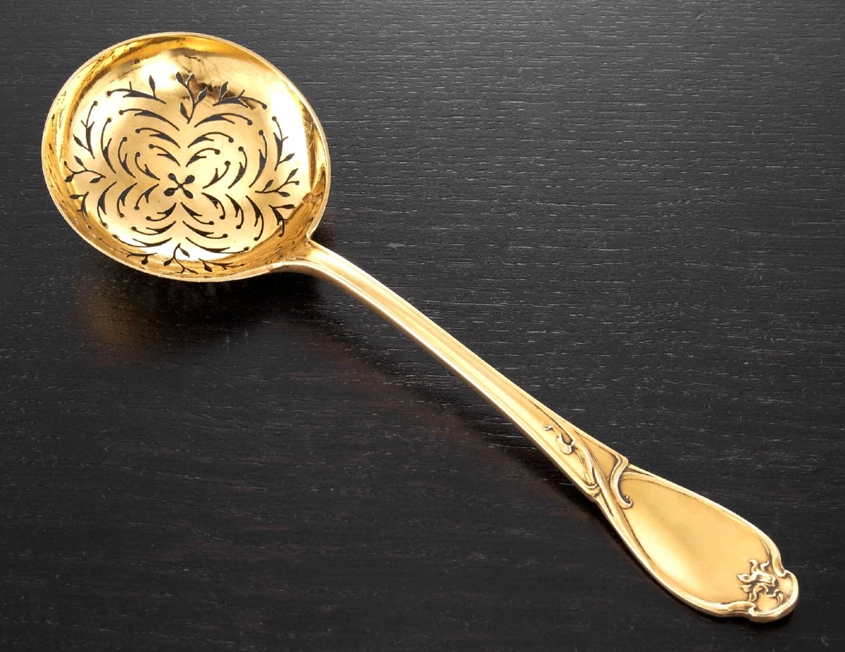 TIRBOUR : Rare Cuillère à Sucre en Argent massif Vermeil Art Nouveau CYCLAMEN-photo-2