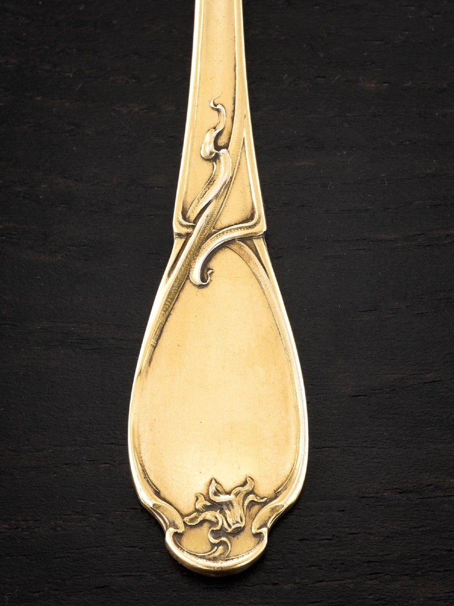 TIRBOUR : Rare Cuillère à Sucre en Argent massif Vermeil Art Nouveau CYCLAMEN-photo-3