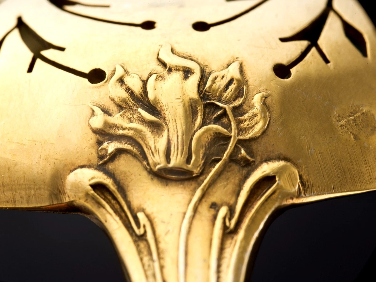 TIRBOUR : Rare Cuillère à Sucre en Argent massif Vermeil Art Nouveau CYCLAMEN-photo-6