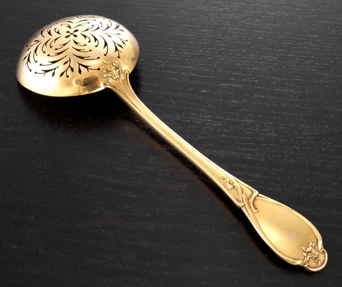 TIRBOUR : Rare Cuillère à Sucre en Argent massif Vermeil Art Nouveau CYCLAMEN