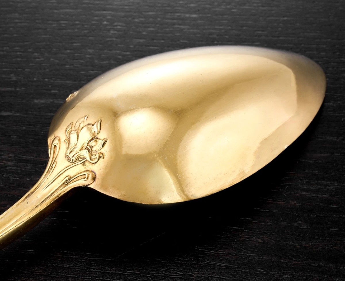 Charles Tirbour: Rare Art Nouveau Vermeil Sterling Silver Stewing Spoon, Cyclamen Pattern-photo-2