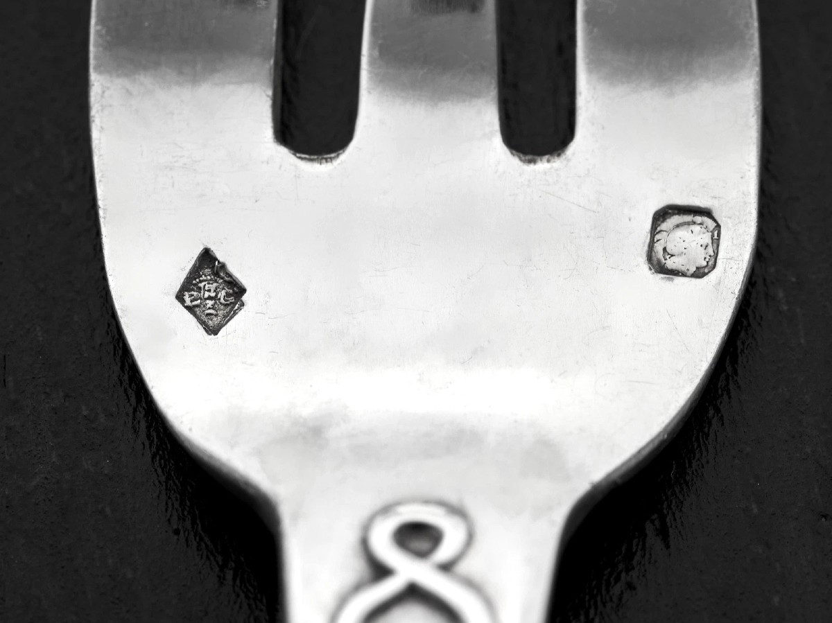 BOYER CALLOT : Service Fourchettes à Huîtres en Argent massif mod. Noeud Gordien - ARMOIRIES-photo-3