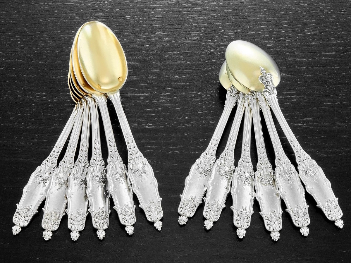 Puiforcat: Set Of 12 Sterling Silver Vermeil Spoons, Acanthe Pattern-photo-2