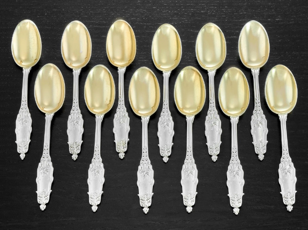 Puiforcat: Set Of 12 Sterling Silver Vermeil Spoons, Acanthe Pattern-photo-1