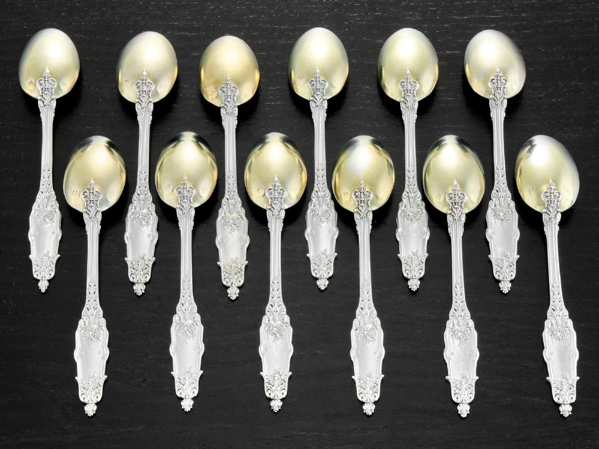 Puiforcat: Set Of 12 Sterling Silver Vermeil Spoons, Acanthe Pattern-photo-3