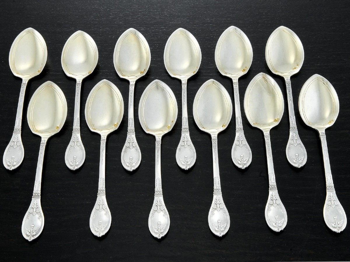 Lapparra: Solid Silver Vermeil Ice Cream Service, St. Empire Style, Baron Gerard, Case