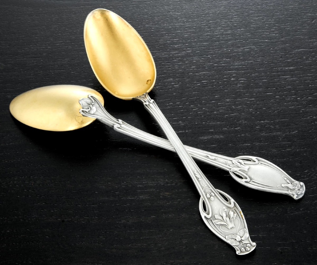 Soufflot : Rare Art Nouveau Set Of 12 Vermeil Sterling Silver Spoons Cyclamen Pattern-photo-3