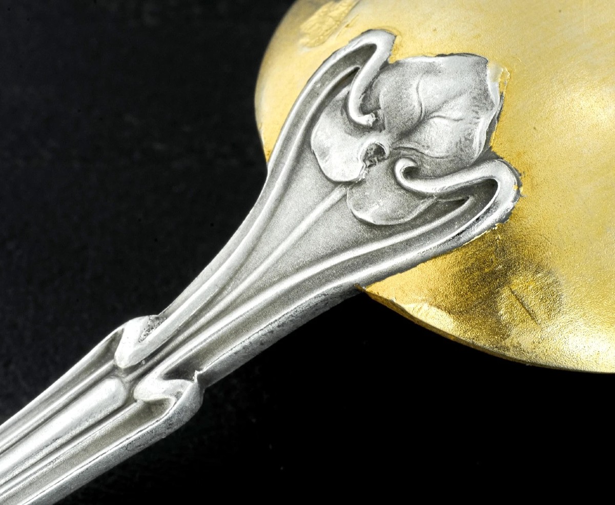 Soufflot : Rare Art Nouveau Set Of 12 Vermeil Sterling Silver Spoons Cyclamen Pattern-photo-4