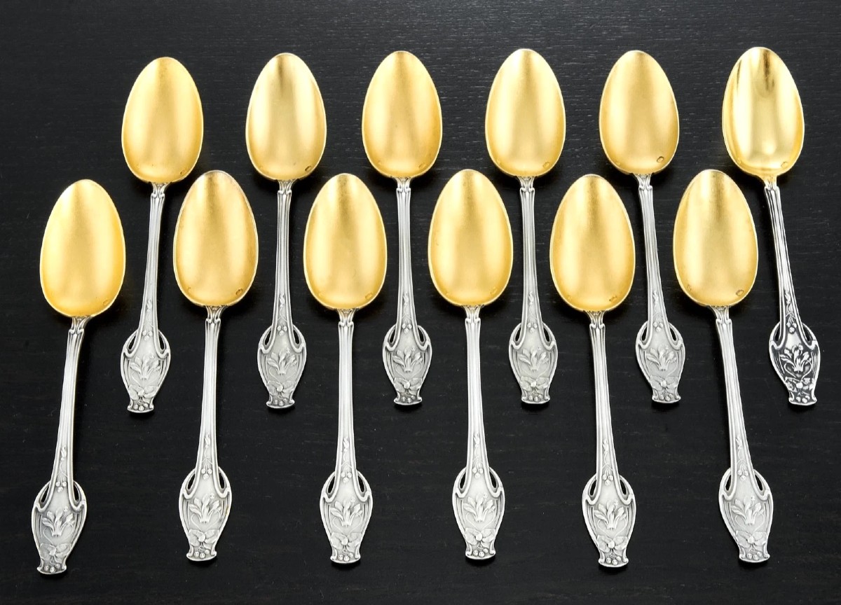 Soufflot : Rare Art Nouveau Set Of 12 Vermeil Sterling Silver Spoons Cyclamen Pattern-photo-2
