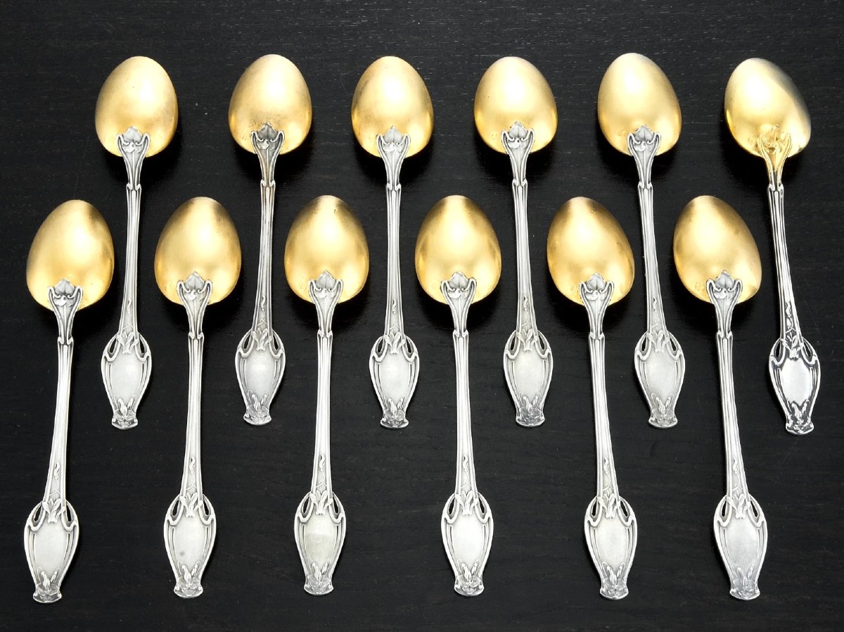 Soufflot : Rare Art Nouveau Set Of 12 Vermeil Sterling Silver Spoons Cyclamen Pattern-photo-3