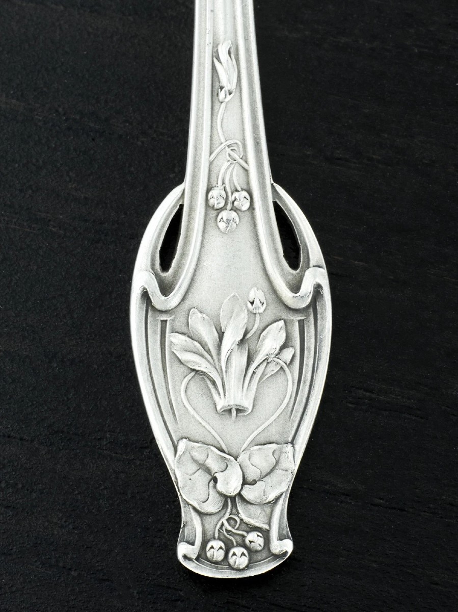 Soufflot : Rare Art Nouveau Set Of 12 Vermeil Sterling Silver Spoons Cyclamen Pattern-photo-4