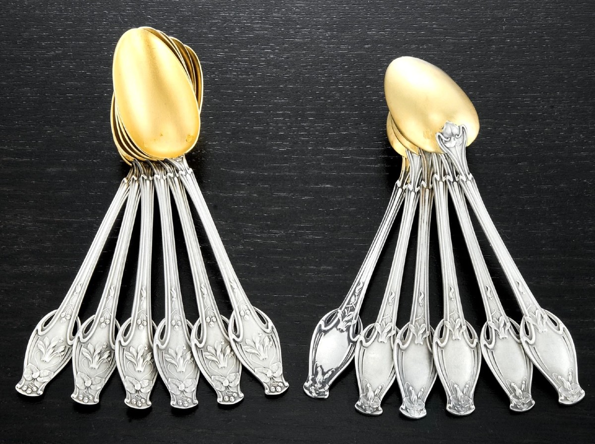 Soufflot : Rare Art Nouveau Set Of 12 Vermeil Sterling Silver Spoons Cyclamen Pattern-photo-5