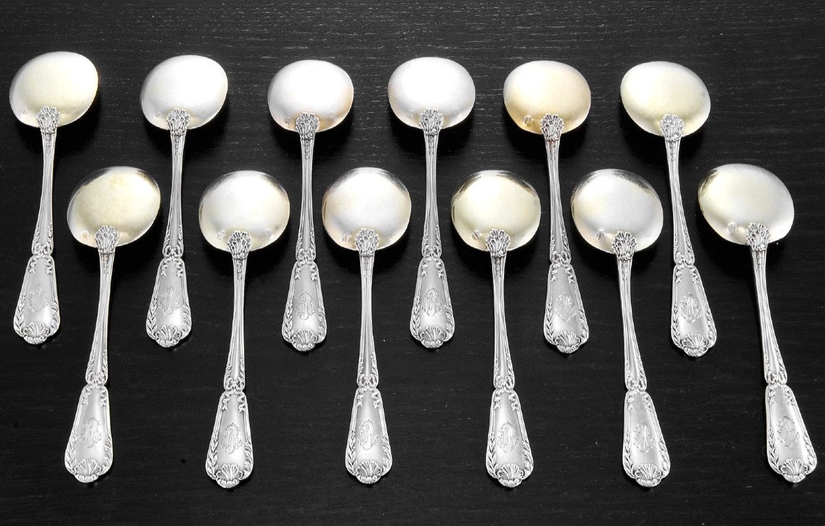 PUIFORCAT : Service à Glace en Argent massif Vermeil St. Louis XVI POMPADOUR-photo-3