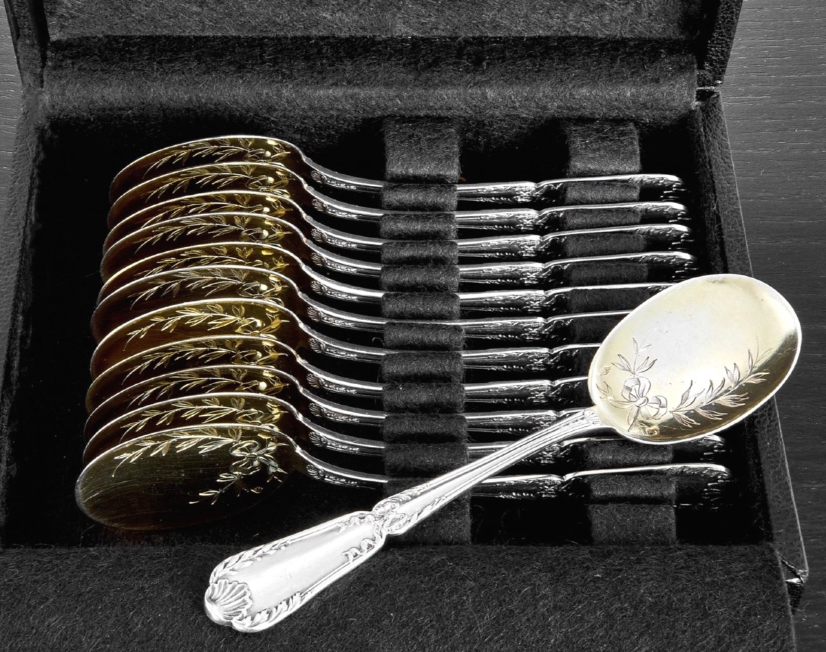 PUIFORCAT : Service à Glace en Argent massif Vermeil St. Louis XVI POMPADOUR-photo-5