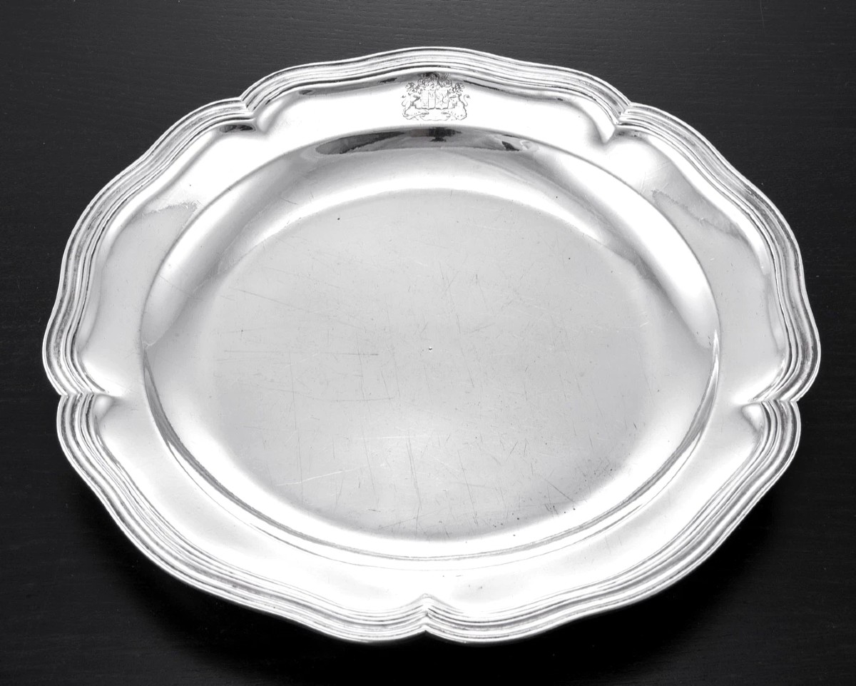 Pronnier: Large 18th Century French Solid Silver Platter Lille 1749-50, Coat Of Arms