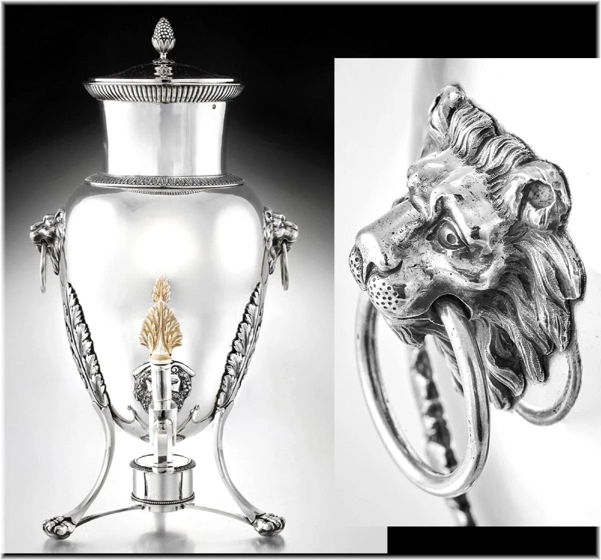 Marc Augustin Lebrun : French Empire Era Sterling Silver Tea Fountain / Samovar - Lion Mascaron-photo-2