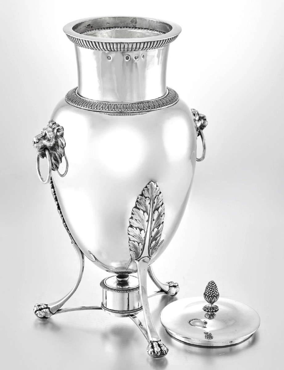 Marc Augustin Lebrun : French Empire Era Sterling Silver Tea Fountain / Samovar - Lion Mascaron-photo-7