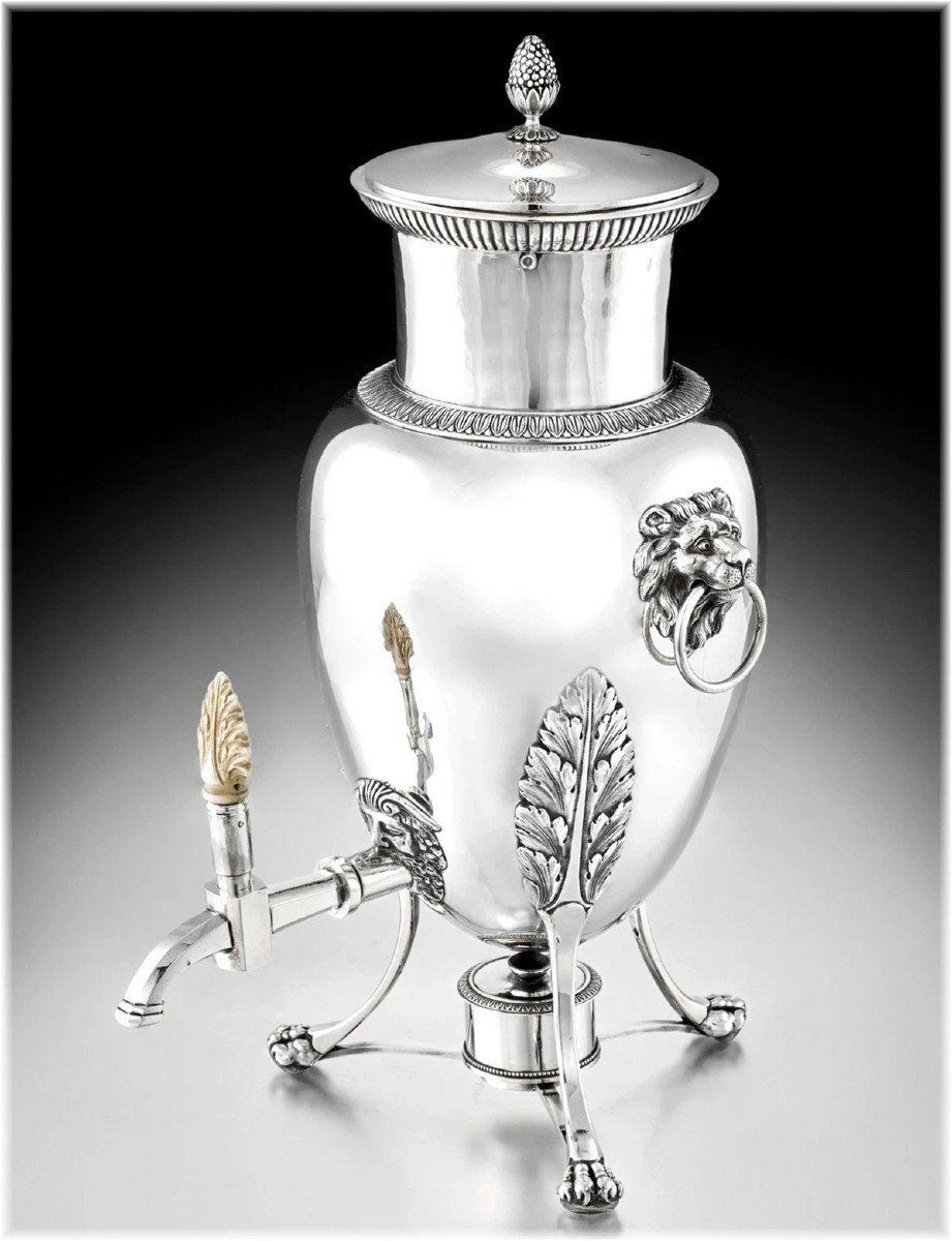 Marc Augustin Lebrun : French Empire Era Sterling Silver Tea Fountain / Samovar - Lion Mascaron