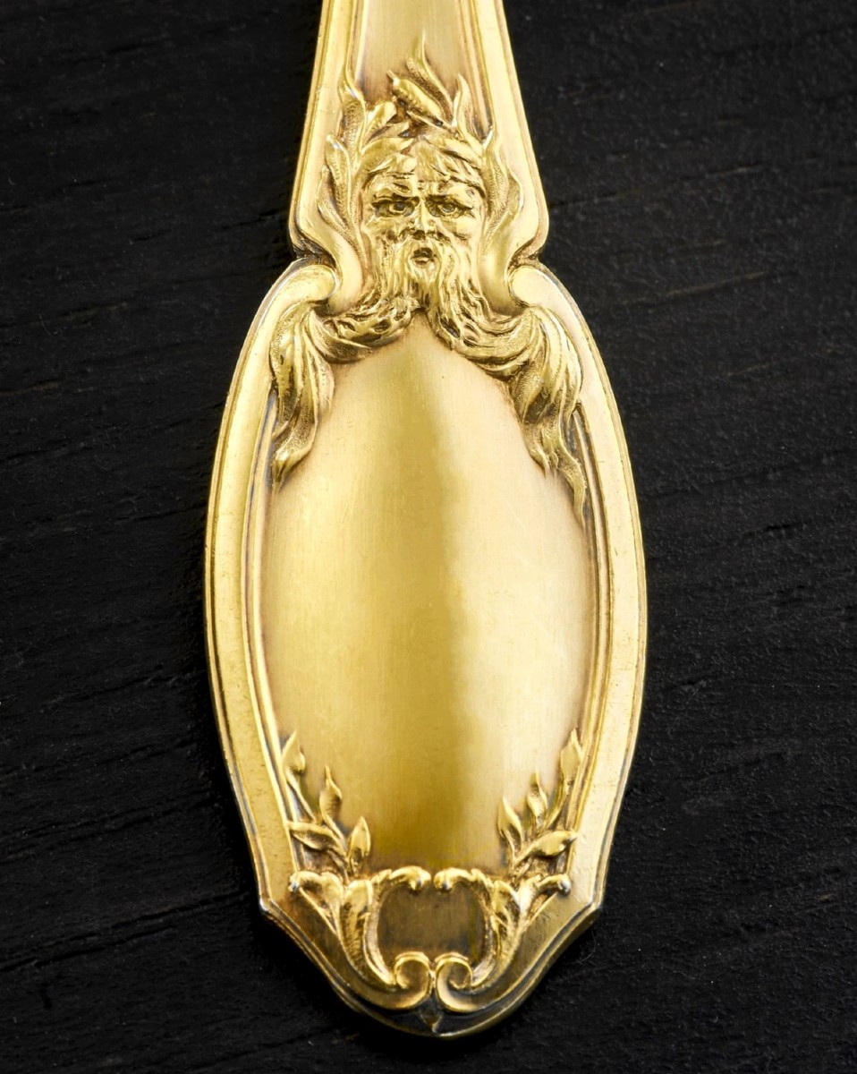 RISLER & CARRE : Service à Glace en Argent massif Vermeil MASCARONS Green Man-photo-2