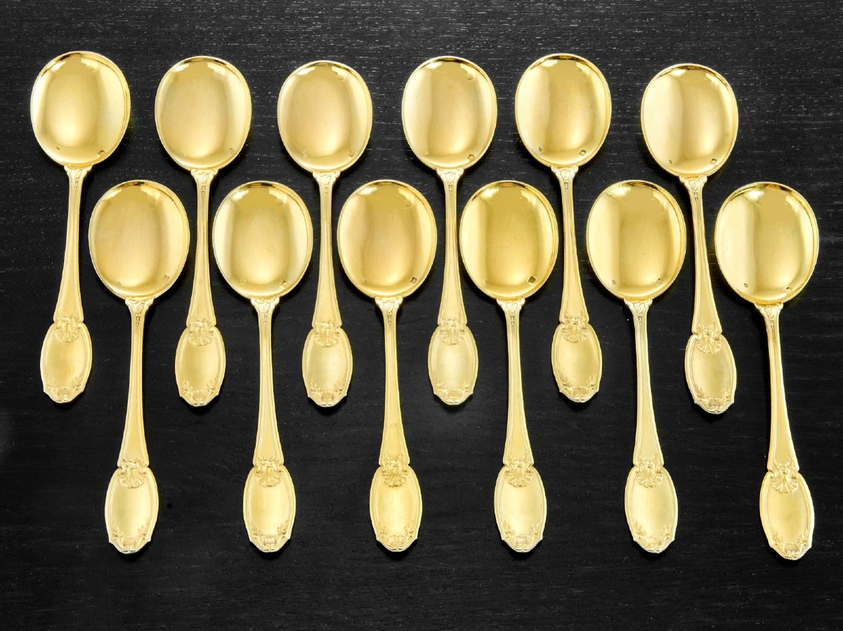 RISLER & CARRE : Service à Glace en Argent massif Vermeil MASCARONS Green Man-photo-3