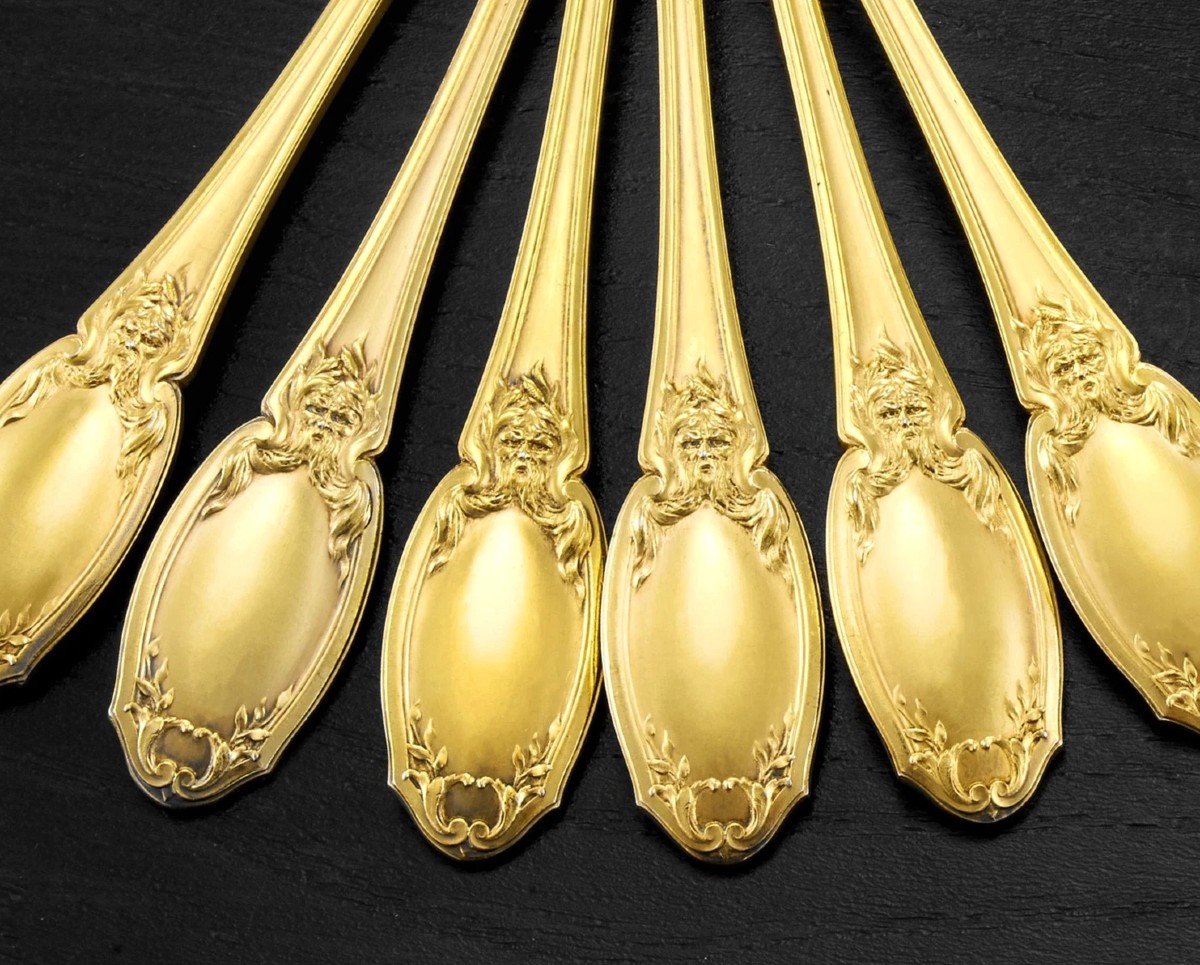 RISLER & CARRE : Service à Glace en Argent massif Vermeil MASCARONS Green Man-photo-2