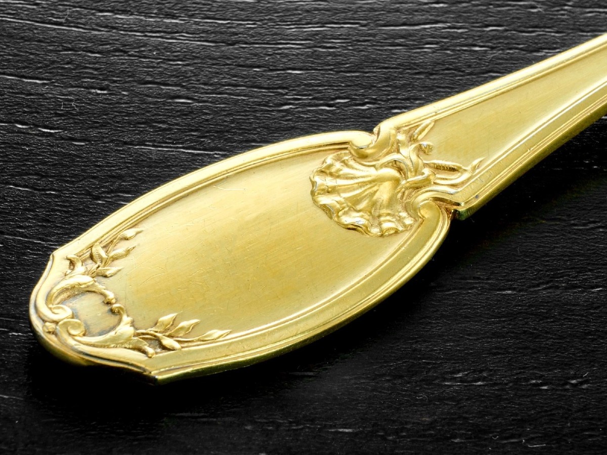 RISLER & CARRE : Service à Glace en Argent massif Vermeil MASCARONS Green Man-photo-3