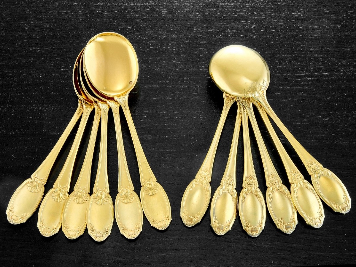 RISLER & CARRE : Service à Glace en Argent massif Vermeil MASCARONS Green Man-photo-4