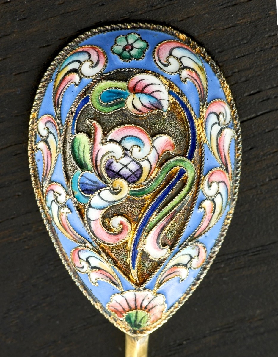 Dimitri Nikolaiev: Russian Set Of 6 Solid Silver, Vermeil And Enamelled Spoons Moscow 1908-photo-3