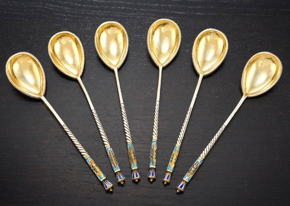 Dimitri Nikolaiev: Russian Set Of 6 Solid Silver, Vermeil And Enamelled Spoons Moscow 1908-photo-1