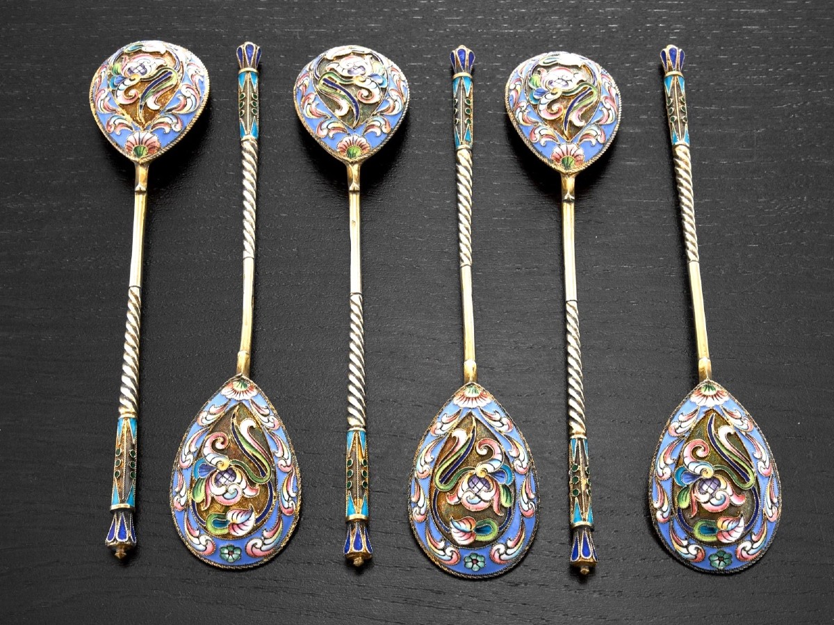 Dimitri Nikolaiev: Russian Set Of 6 Solid Silver, Vermeil And Enamelled Spoons Moscow 1908-photo-3