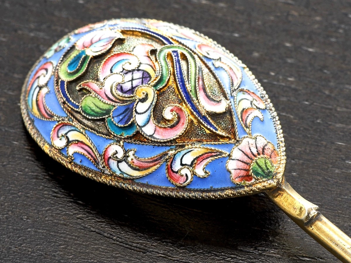 Dimitri Nikolaiev: Russian Set Of 6 Solid Silver, Vermeil And Enamelled Spoons Moscow 1908-photo-5
