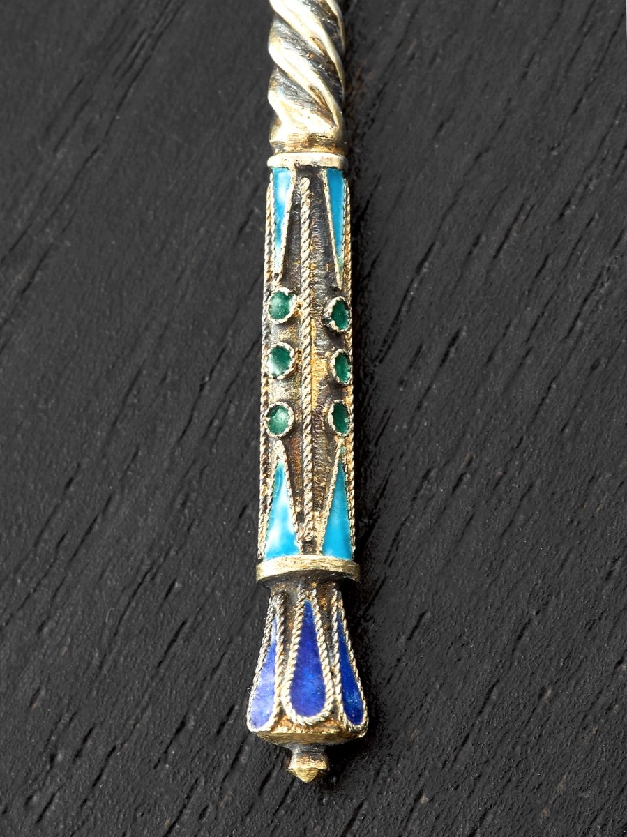 Dimitri Nikolaiev: Russian Set Of 6 Solid Silver, Vermeil And Enamelled Spoons Moscow 1908-photo-6