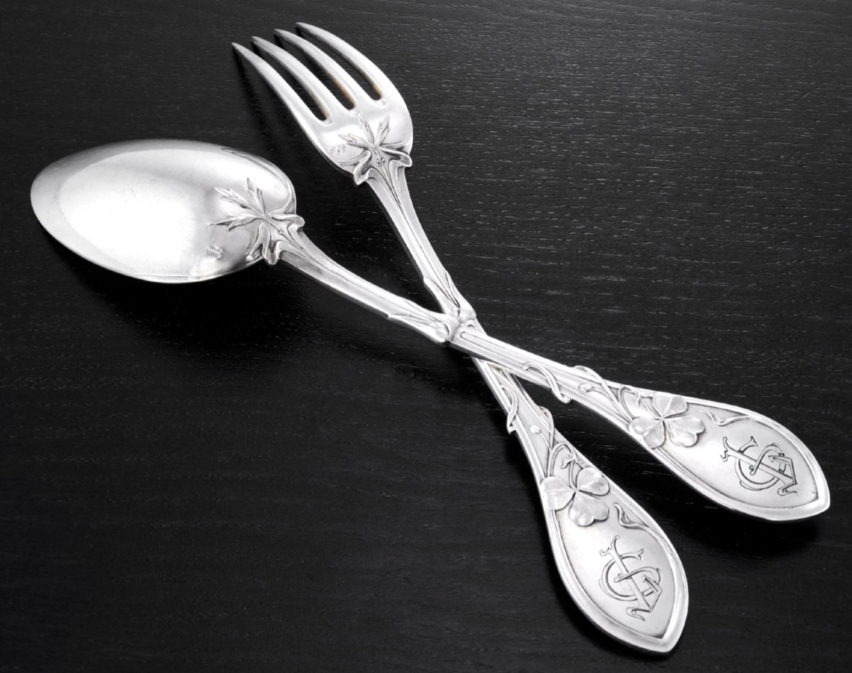 Maillard : 6 Large Art Nouveau Sterling Silver Flatware Sets, Clover Pattern-photo-2