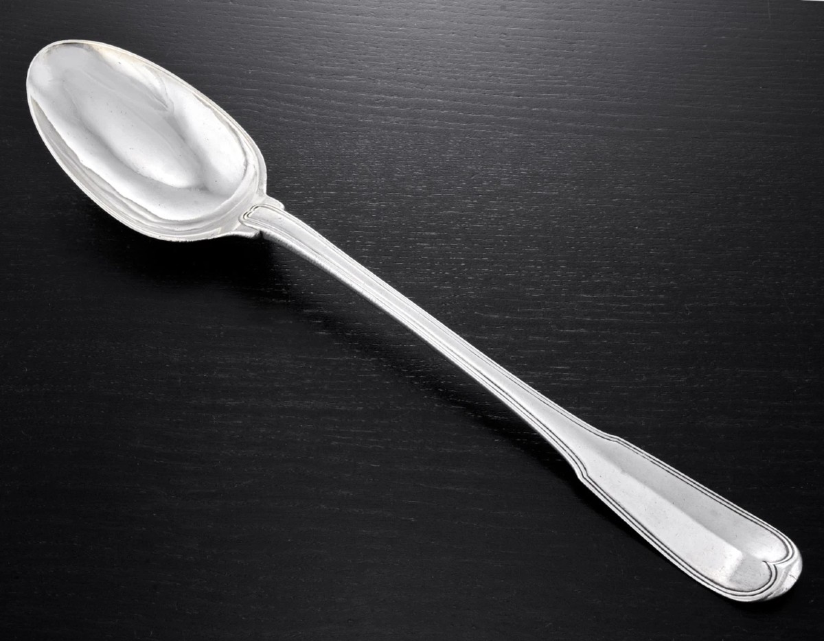 Roche: Large Solid Silver Stewing Spoon, Coat Of Arms Of Grenoble, 1751-52-photo-3