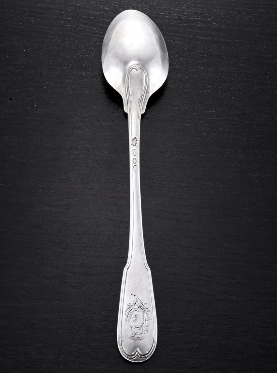 Roche: Large Solid Silver Stewing Spoon, Coat Of Arms Of Grenoble, 1751-52-photo-4