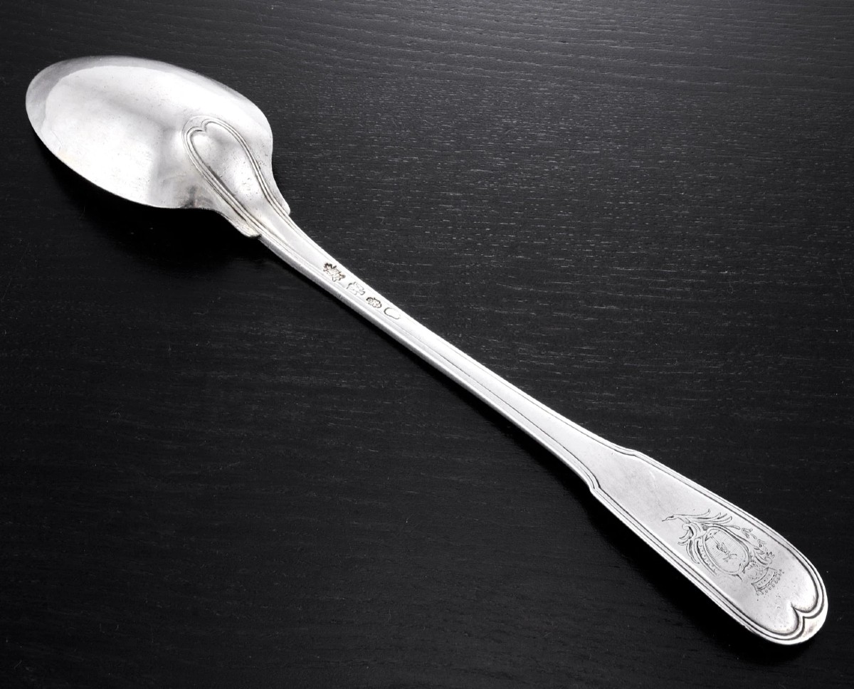Roche: Large Solid Silver Stewing Spoon, Coat Of Arms Of Grenoble, 1751-52