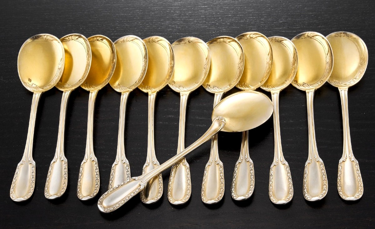 PUIFORCAT : Service à Glace en Argent massif Vermeil St. Louis XVI mod. SUFFREN