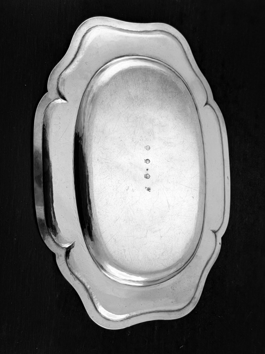 Laurent Detombe: Oval Solid Silver Platter, 18th Century, Tournai, 1777, Coat Of Arms-photo-2