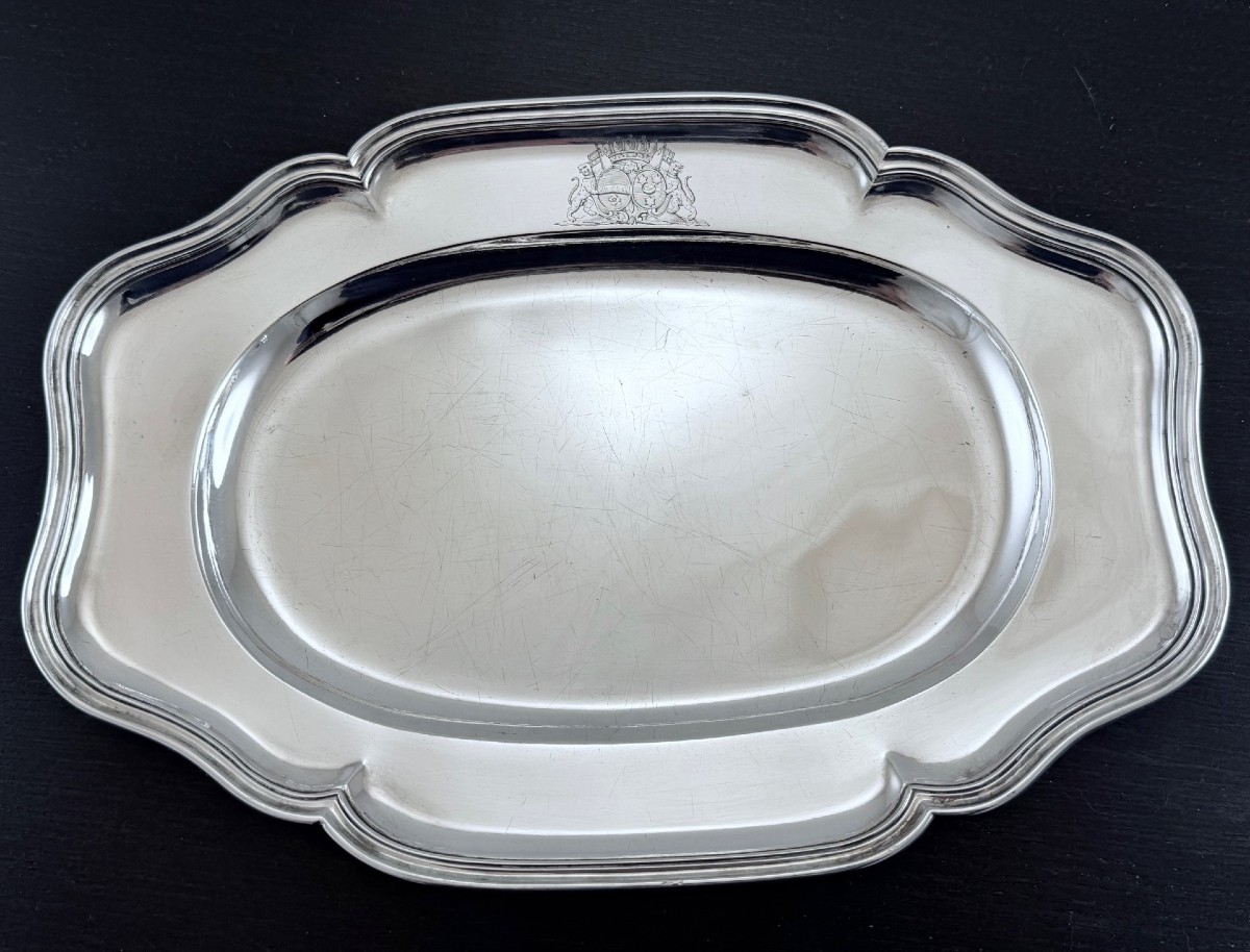 Laurent Detombe: Oval Solid Silver Platter, 18th Century, Tournai, 1777, Coat Of Arms