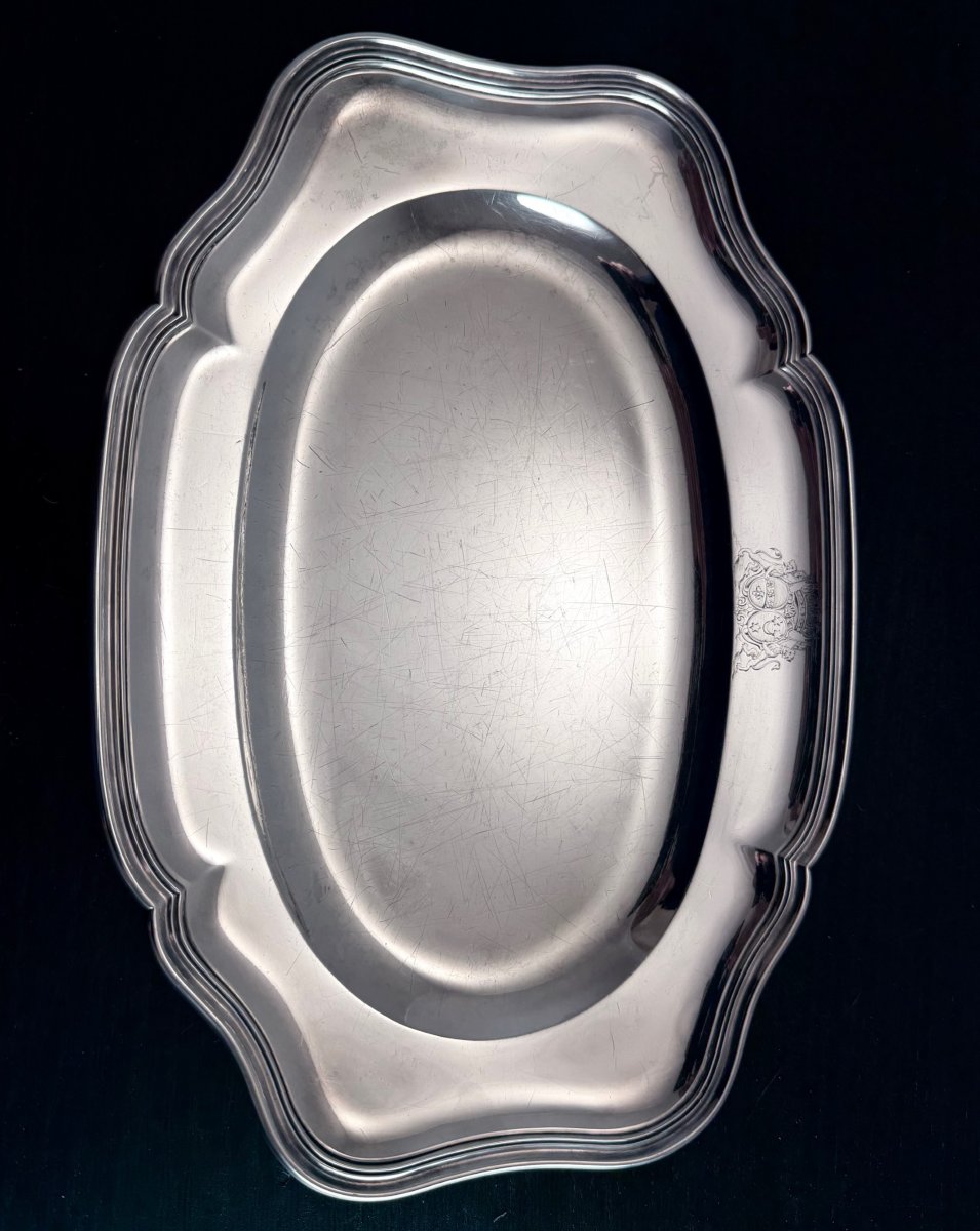 Marc Le Febvre: Oval Solid Silver Platter, 18th Century, Tournai, 1761, Coat Of Arms-photo-2