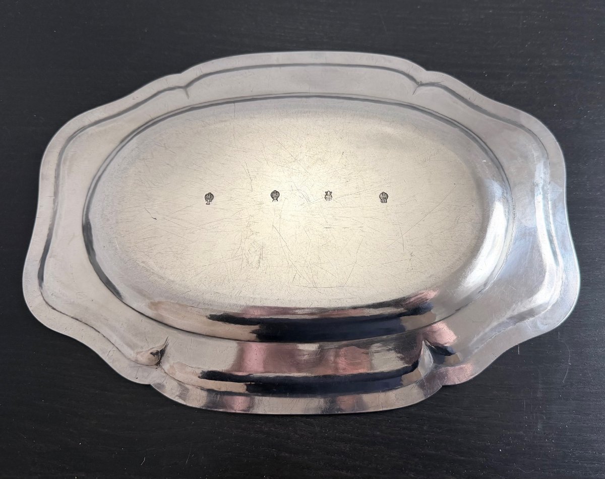 Marc Le Febvre: Oval Solid Silver Platter, 18th Century, Tournai, 1761, Coat Of Arms-photo-3