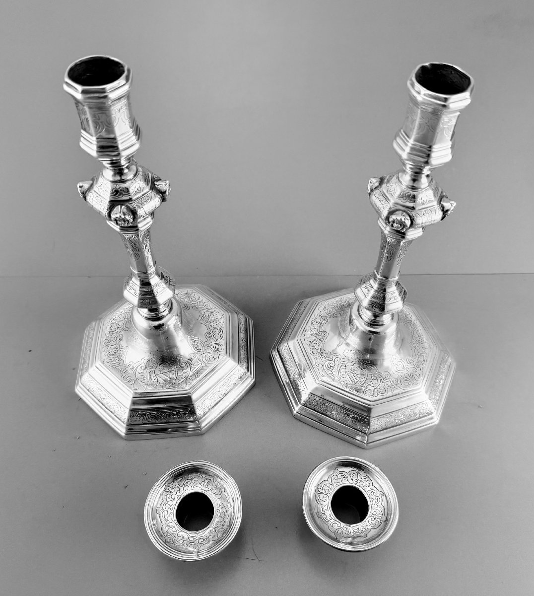 SIBERT : Paire de Flambeaux en Argent massif AIX 1746 décor Mascarons ARMOIRIES-photo-4
