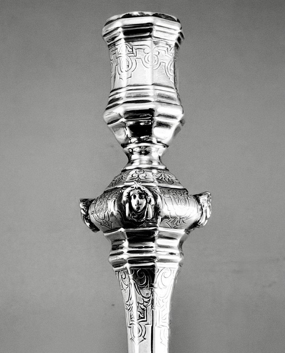 SIBERT : Paire de Flambeaux en Argent massif AIX 1746 décor Mascarons ARMOIRIES-photo-3