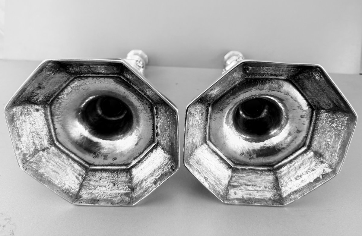 SIBERT : Paire de Flambeaux en Argent massif AIX 1746 décor Mascarons ARMOIRIES-photo-5
