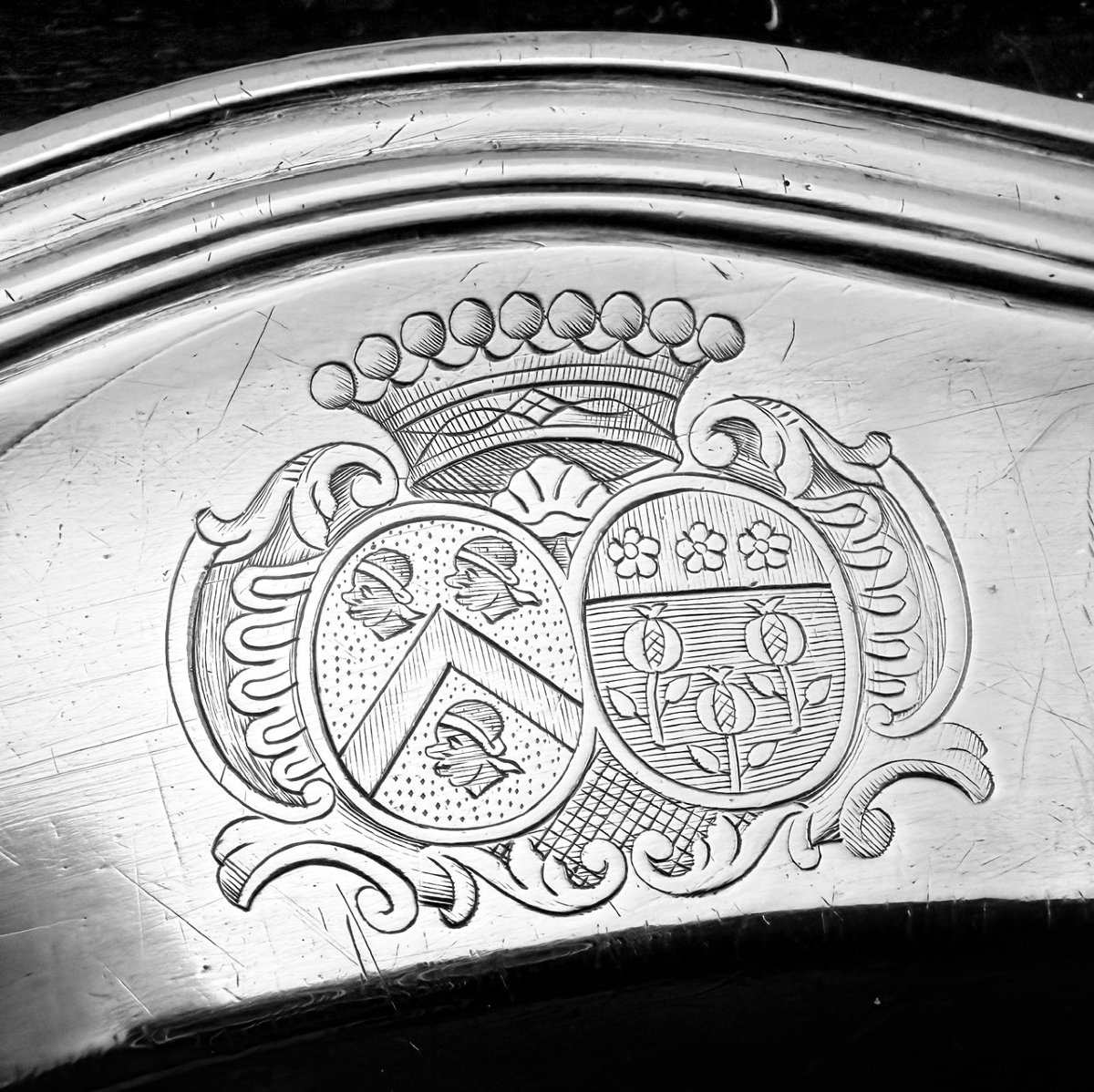 LAURENT : Rare important Plat Argent massif PARIS 1743 ARMOIRIES Comte +1222gr-photo-3